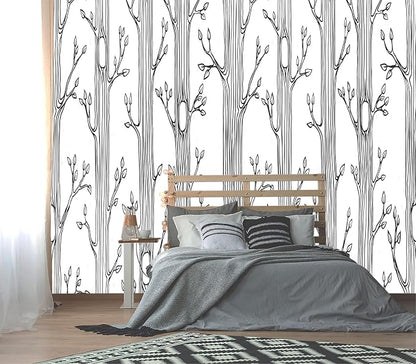 XMPMBM-Hand-Painted Cartoon Grey Tree Fabric Wallpaper Nursery Room Kids by XMPMBM-Wallpaperthatwontpeeloff