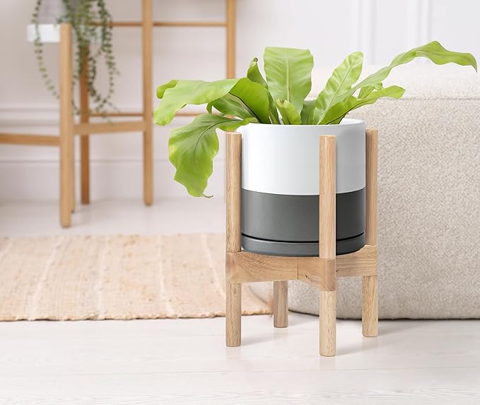 D'vine Dev Ceramic Planter with Natural Stand - 8 Inch Modern Round Flower Pot with Wood Planter Holder, White/Grey, 55-B-N-6