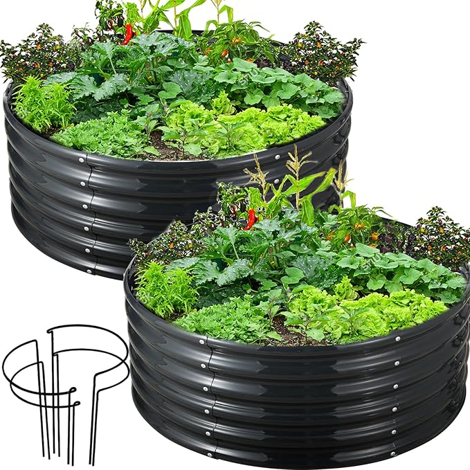 FORTUNO 2 Pcs 2 Ft Round Raised Garden Bed Box Galvanized Metal Outdoor High Flower Bed Steel Patio Ground Planter for Planting Vegetables and Herbs, Dark Grey
