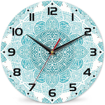Teal Mandala Flower Wall Clock, Silent Non-Ticking, Battery Operated, Wooden by DEMACYA