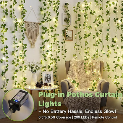 suddus 200 LED Vine with Light Plug in, 6.5ft x 6.5ft Pothos Fairy Curtain - Image 2