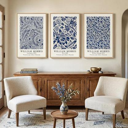 Large Framed Blue William Morris Wall Art Set of 3, Vintage Botanical Floral - Image 2