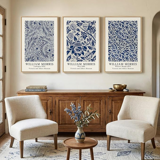 Large Framed Blue William Morris Wall Art Set of 3, Vintage Botanical Floral - Image 2