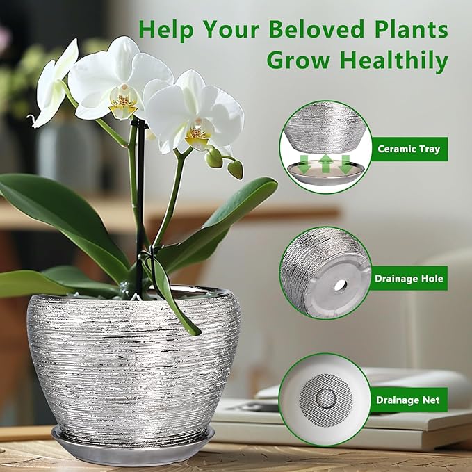 Flower Pot for Indoor Plants - Ceramic Planter 10 Inch Plant Pot with Drainage Hole and Saucer Large Decorative Planter Outdoor Mid-Century Planter for House Silver