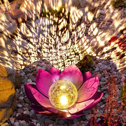 HPC Decor Solar Lights Outdoor Garden Decor - Art Crackle Globe Glass Lotus Decoration, Waterproof LED Metal Flower Lights for Outdoor Decor on Patio,Lawn,Walkway,Table,Perfect Gifts (Purple 11in)