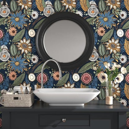 Boho Wallpaper Peel and Stick, Dark Vintage Floral Contact Paper, 17.5" x 197" - Image 2