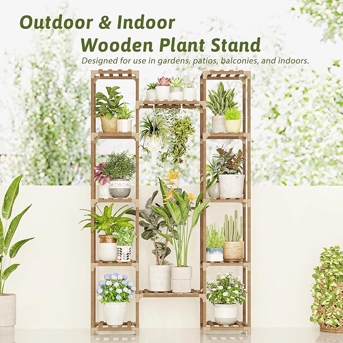 Plant Stand Indoor Outdoor 62.2“ Tall Large Plant Shelf Corner Tiered Plant Stands for Multiple Plants for Living Room Wood Hanging Plant Holder for Garden Balcony Patio Decor
