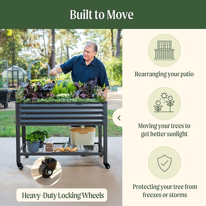 Rolling Elevated Raised Garden Bed-V Series, 2' x 4' Garden Beds with Legs & Storage Rack for Patio & Porch, 700 Lbs Weight Capacity, Outdoor Planter Box for Vegetables Flower Herbs, Modern Gray