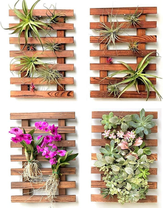 ShopLaLa Wall Planters - 4 Pack Wooden Hanging Planter for Indoor Outdoor Plants, Air Plant Succulent Orchid Holder, Live Vertical Garden Wall Mounted Plant Stand, Wall Christmas Decor 15.7" (40cm)