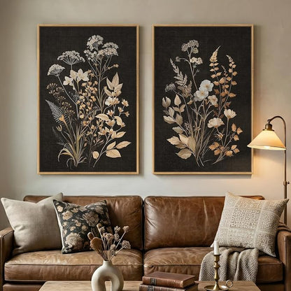 Large Framed Vintage Botanical Wall Art Set of 2, Neutral Farmhouse Moody by Cuspin