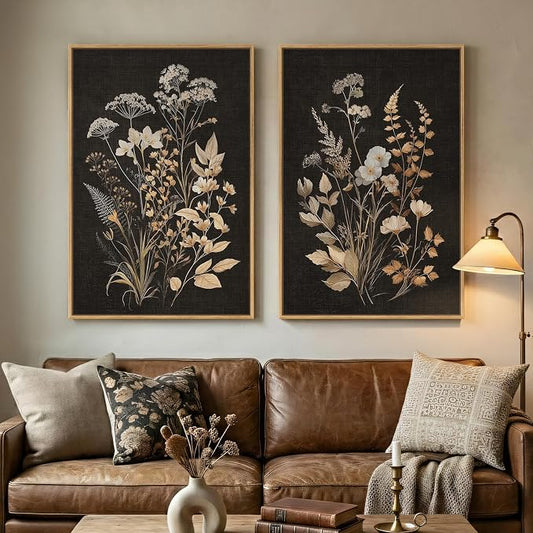 Large Framed Vintage Botanical Wall Art Set of 2, Neutral Farmhouse Moody by Cuspin