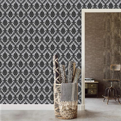 17.7" x 197" Peel and Stick Wallpaper Black Vintage Wallpaper Damask Contact - Image 9