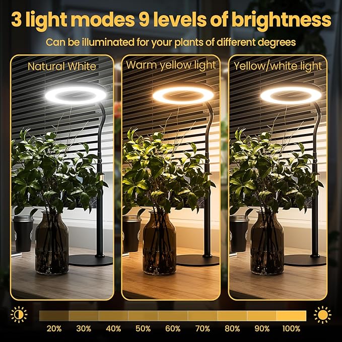 Grow Light, LED Plant Light for Indoor Plants Growing, Full Spectrum Desk Grow Lamp with Pedestal, Automatic Timer for 3H/9H/12H, 10 Dimmable Levels, Height Adjustable