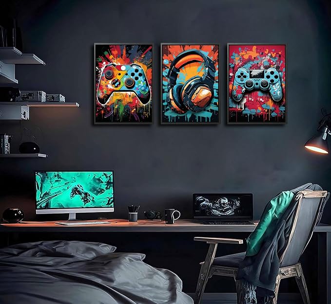 3Pcs Framed Cool Gaming Wall Art Retro Video Gamer watercolor Posters Pictures - Image 6