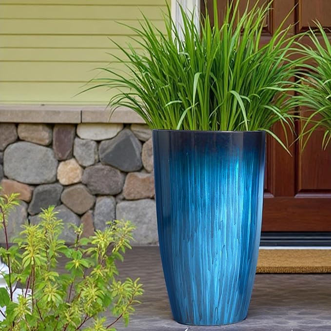 Worth Garden 23.5" H. Large Plastic Planters - Set of 2 Gradient Blue Glossy Smooth Finish - Tall Plant Pots for Indoor & Outdoor Use - Decorative Lightweight Flower Pot for Front Porch, Patio, Deck