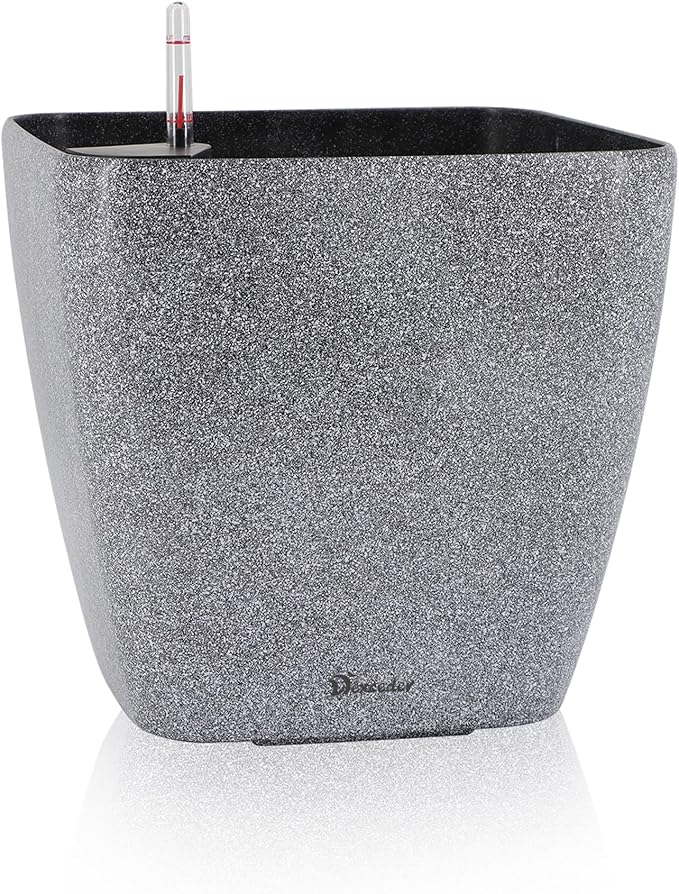 Dexceder 13x12 Self Watering Planter with Wheels Indoor Outdoor, Inner Mat Design, Thickened Large Floor Standing Flower Plant Pot with Water Level Indicator (Stone Matte)