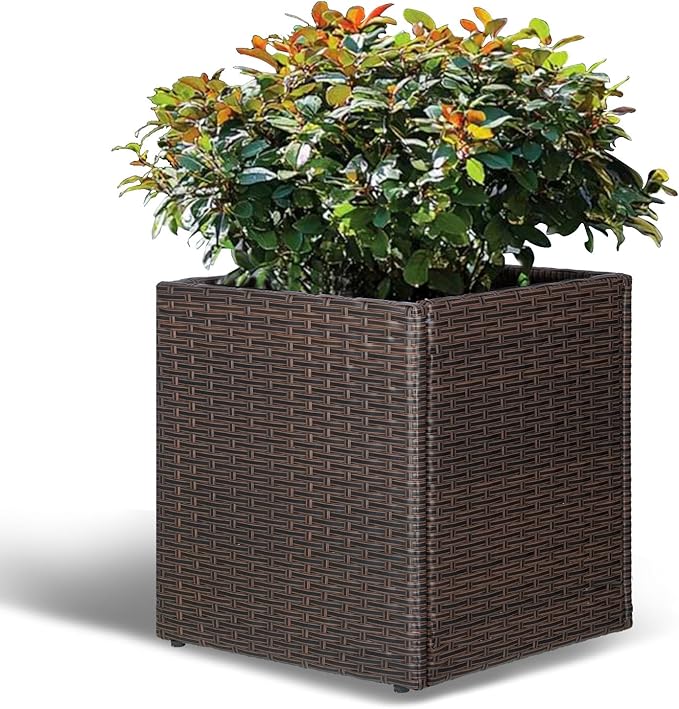 LEWIS&WAYNE Large Square Planter Box Handmade Wicker Tall Planters for Outdoor Plants with Removable Liners Modern Planter for Indoor Outdoor Garden Patio Front Porch - Brown, 17''x17''x18''