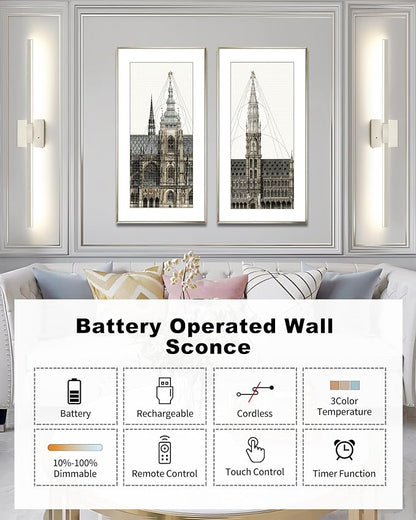 Rayogale Rechargeable Battery Operated Wall Sconce Set of Two, 24 Inch - Image 2