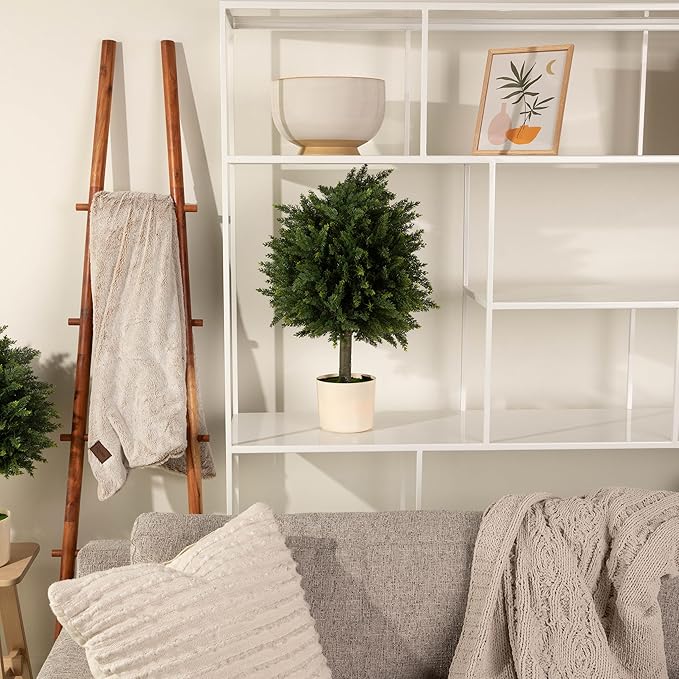 Premium 16" Diameter Artificial Cypress Topiary – Set of 2 Faux Plants in Beige Decorative Planters – UV-Resistant, Weatherproof, Realistic Outdoor & Indoor Greenery