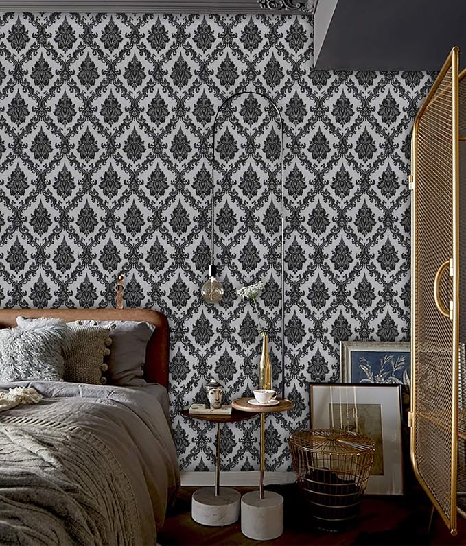 17.7" x 394" Black Peel and Stick Wallpaper Black Vintage Wall Paper - Image 2