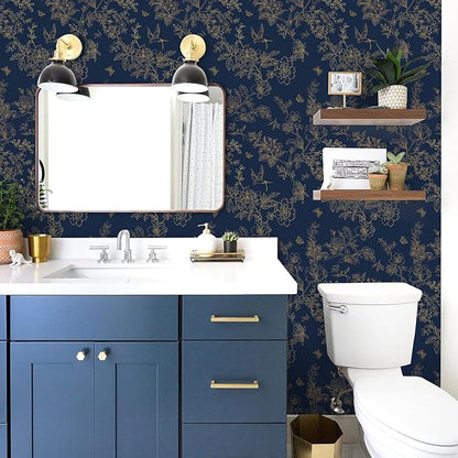 Froluya Dark Blue and Gold Vintage Floral Peel and Stick Wallpaper 17.7"x118.1" - Image 5
