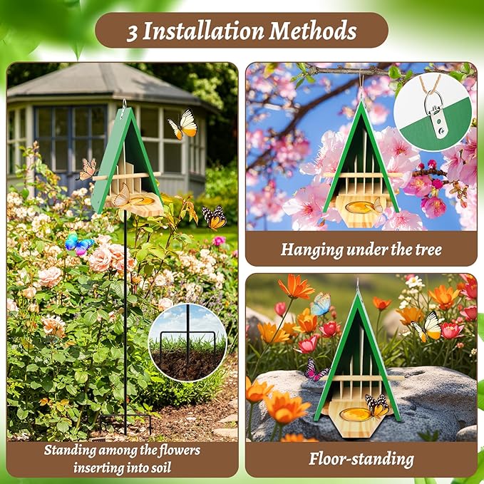 2025 New Butterfly House and Feeder for Outside, Wooden Butterfly House with Metal Stake for Garden, Natural Butterfly Habitat with Butterfly Puddler on The Floor or Hanging on Tree Wall