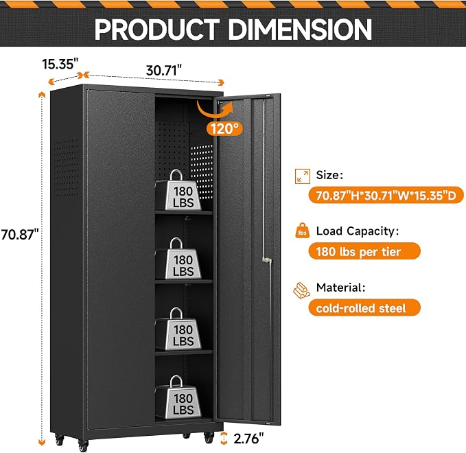 Garage Storage Cabinet with Wheels, Metal Storage Cabinet with 2 Doors and - Image 3