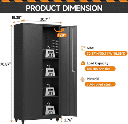 Garage Storage Cabinet with Wheels, Metal Storage Cabinet with 2 Doors and - Image 3