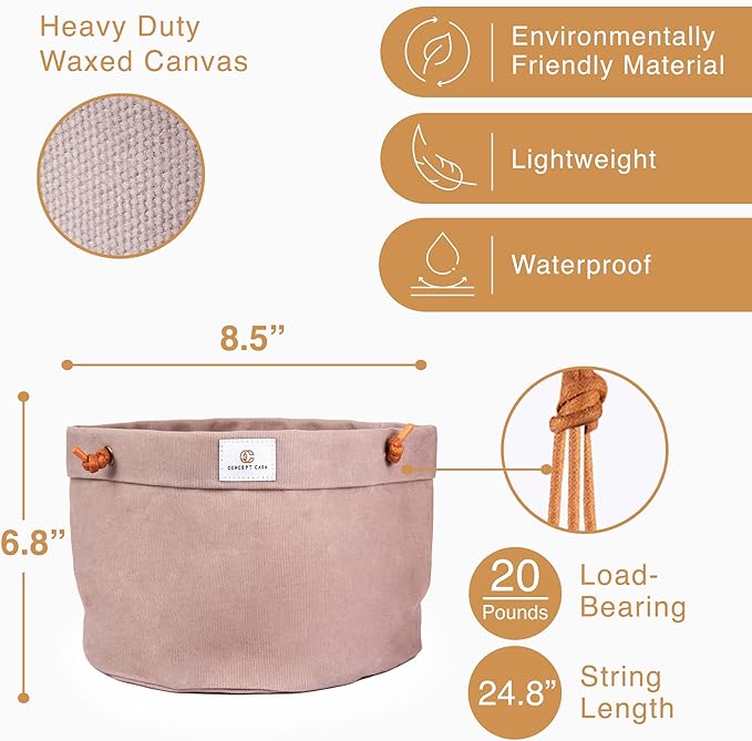 Large Waxed Canvas Handmade Hanging Planter for Indoor/Outdoor Plants, Hanging Basket Plant Holder Stone Gray