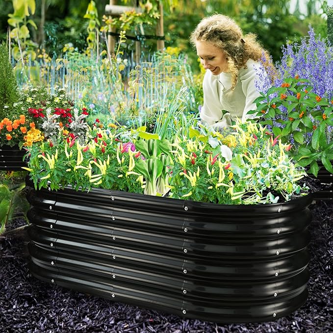 17" Tall Outdoor Garden Raised Garden Bed Kits, 4ft X 2ft Oval,0.8MM Thick Metal Raised Planter Bed/Ground Planter Box for Variety of Flowers,Herbs,Vegetables (Black, 48X24X16.5 Inches)