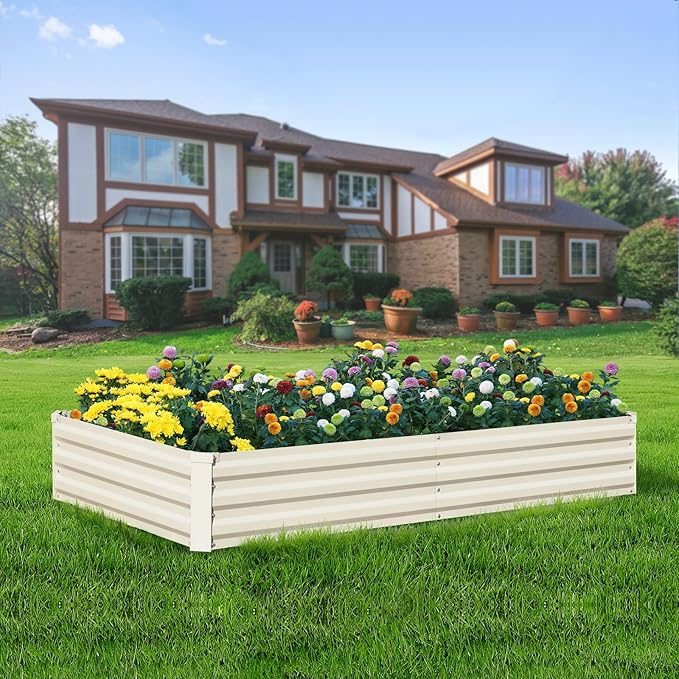 Raised Garden Bed Beige, 6x3x1ft Galvanized Raised Garden Bed Outdoor Metal for Gardening Vegetables Flower Garden Planter Box Large Raised Bed with Gloves and 3ftx30ft Weed Barrier Fabric