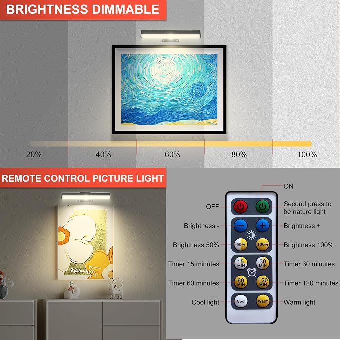 Wall Picture Lights with Remote, Dimmable Painting Light Battery Powered with 3 - Image 5