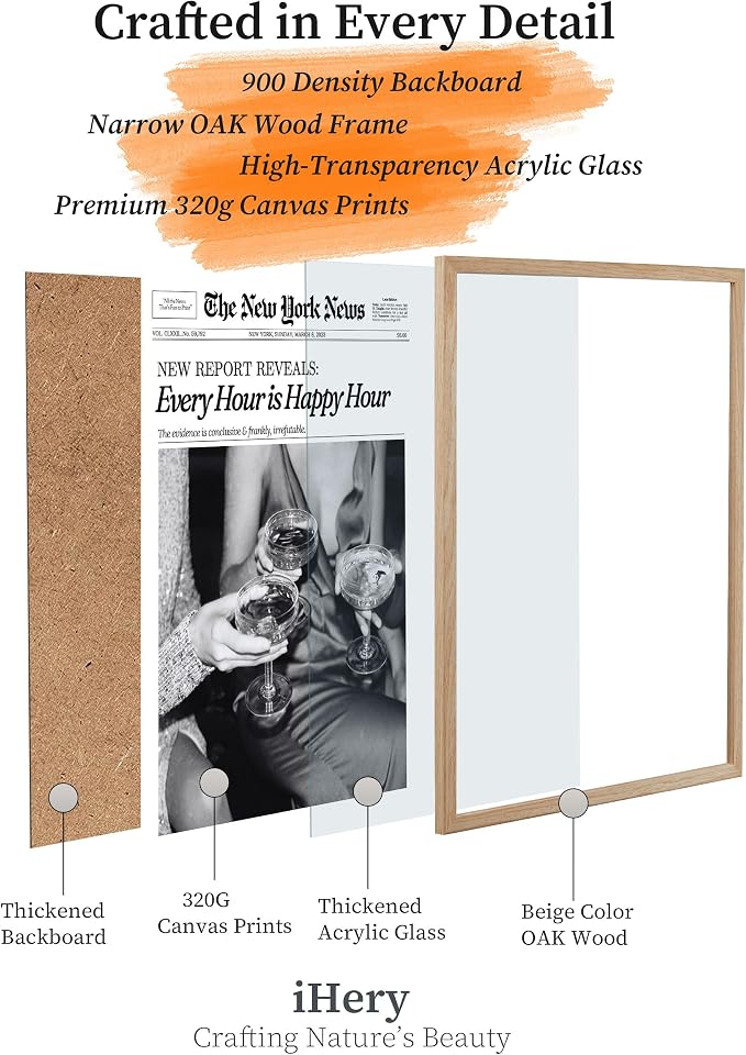 iHery Every Hour is Happy Hour Framed Trendy NewsPaper Wall Art, Natural OAK - Image 3