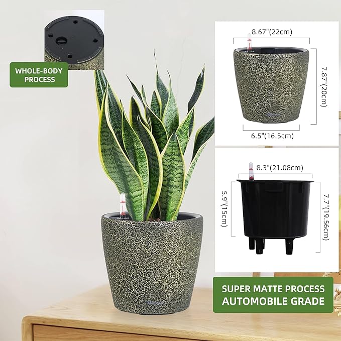 Dexceder 9x8 Inches Self Watering Planter Indoor Outdoor, Inner Pot Design, Thickened Table Flower Plant Pot with Water Level Indicator (Black Gold Crackle)