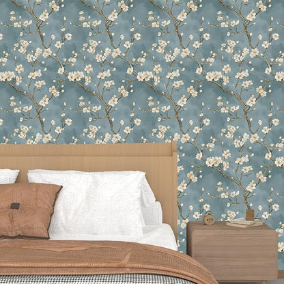 Blue Floral Wallpaper Peel and Stick Vintage White Flowers Contact Paper Vinyl - Image 6