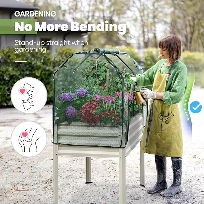 KING BIRD Raised Garden Bed with Cover & Netting Galvanized Elevated Large Planter Box with Legs 48×24×56 in for Backyard, Patio, Balcony, 400lb Capacity, Beige