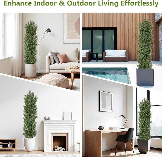 THE BLOOM TIMES 6ft Tall Topiary Trees Artificial Outdoor – UV Resistant Faux Cedar Pine Cypress Bushes and Shrubs, Fake Potted Plants for Front Porch Outside Planter Patio Decor, Set of 2 (6 Foot)