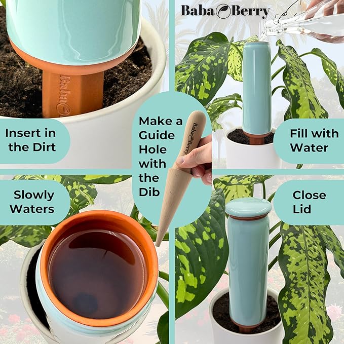 Terracotta Watering Spikes 2 Pack 17.5oz Capacity Plant Watering Devices Self Watering Spikes Large Plant Watering Globes Self Watering Planter Insert AcquaTerra with Root Dibber Installer