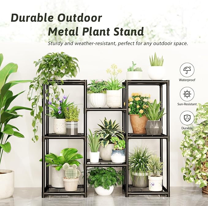 Plant Stand Indoor Outdoor Metal Plant Shelf 3 Tiers Corner Plant Rack for Multiple Plants Flower Holder for Patio Balcony Garden Black