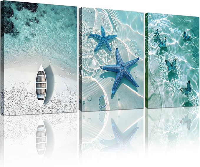 weiyiart Blue Ocean Canvas Wall Art Coastal Starfish Painting Prints Beach by weiyiart