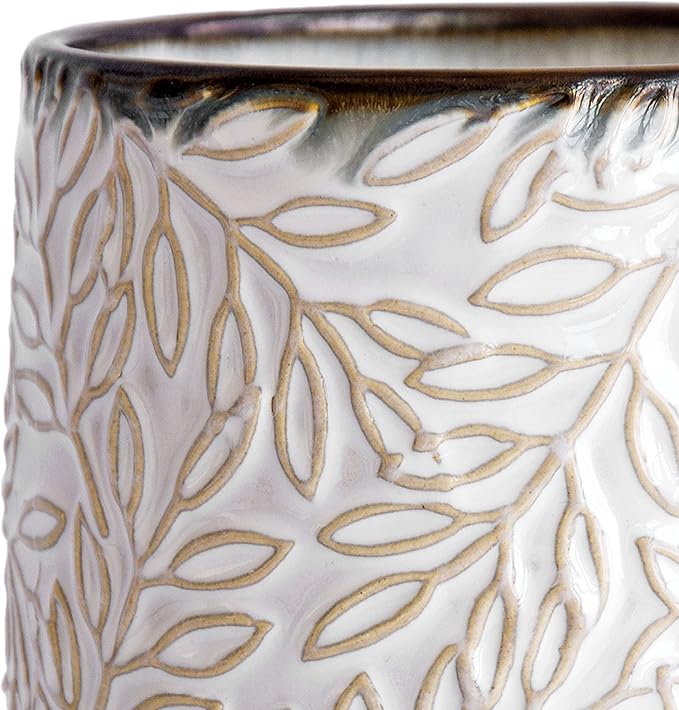 D'vine Dev 5 Inch Embossed Leaves Stoneware Planter Pot with Drainage Hole and Saucer, Smoked White, Set of 1, 27-A-V-1