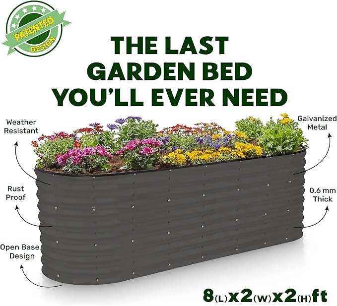 Galvanized Raised Garden Beds Outdoor // 8×2×2 ft Planter Raised Beds for Gardening, Vegetables, Flowers (Gray) // Large Metal Garden Box // Patented Tool-Free Design