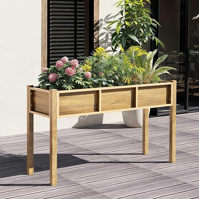 YITAHOME Raised Garden Bed, 47x18x31 Inch HIPS Poly-Wood Weather-Resistant Elevated Planter Box with Legs for Vegetable Flower, Brown