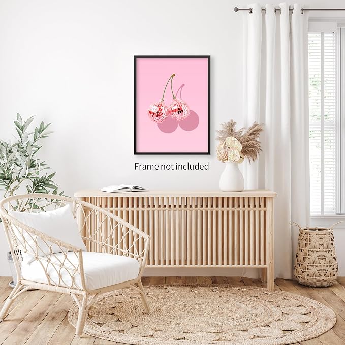 jkahh Funky Pink Cherry Poster Retro Disco Ball Canvas Wall Art Trendy Preppy - Image 5