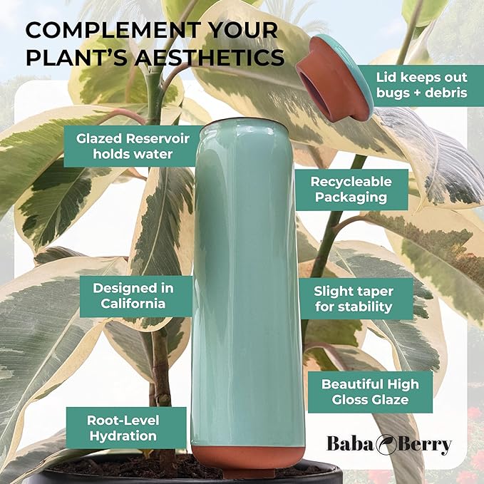 Terracotta Watering Spikes 2 Pack 17.5oz Capacity Plant Watering Devices Self Watering Spikes Large Plant Watering Globes Self Watering Planter Insert AcquaTerra with Root Dibber Installer