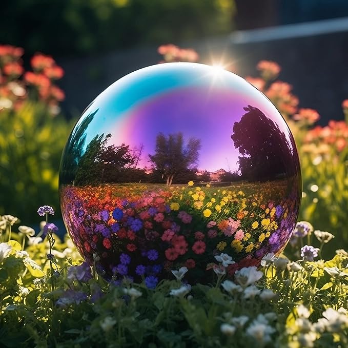 10 Inch Stainless Steel Gazing Globe,v2croft Hollow Ball Mirrored Surface Polished Shiny Sphere,Garden Stainless Steel Gazing Ball for Outdoor Lawn Pond Yard Ornament(rainbow)