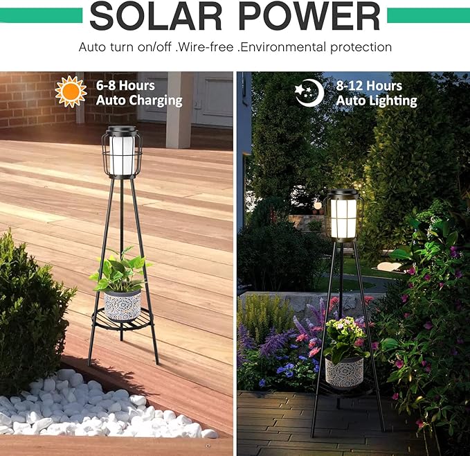 2 Pack Solar Lights Outdoor with Plant Stands - Solar Floor Lamp & Street Lights with Metal Tripod - Patio Decor for Garden, Yard, Pathway, Driveway, Porch