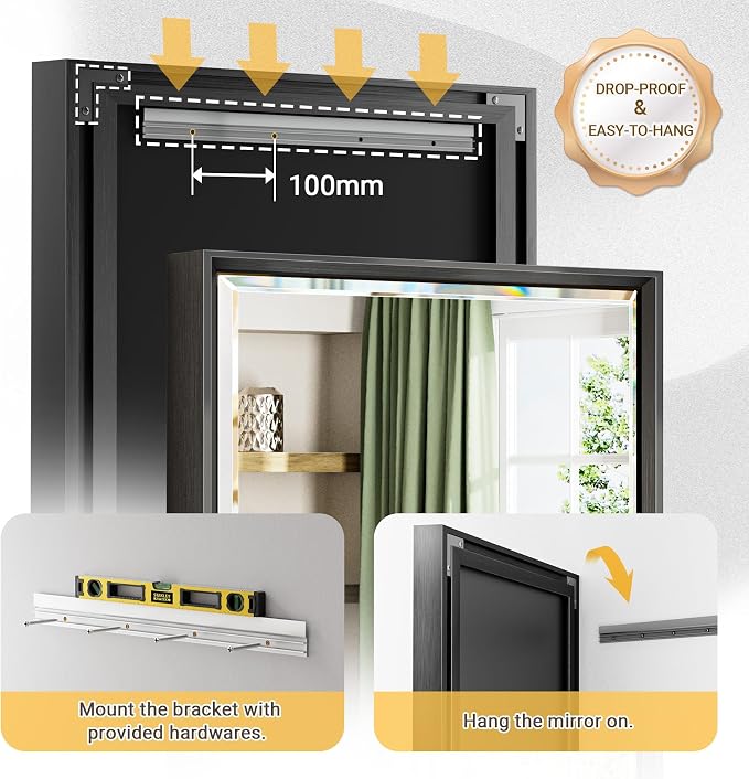 40 x 30 Black Framed Mirror for Bathroom, Beveled Black Bathroom Vanity Mirror - Image 5