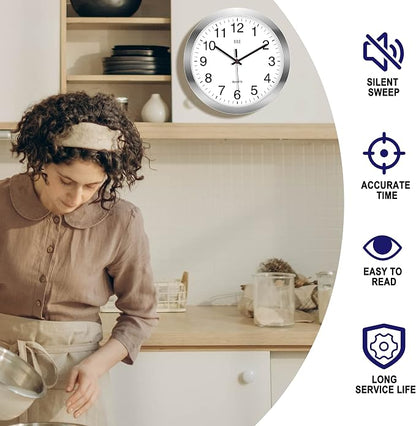 HITO 12 Inch Silent Wall Clock Battery Operated Non Ticking Glass Cover Silver - Image 4