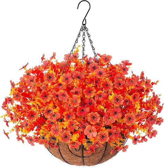 Artificial Fake Fall Autumn Hanging Mums Flowers Plants Basket for Outdoor Outside Decor, Faux Silk Orange Dasiy Flower Look Real UV Resistant for Porch Home Patio Garden Decoration